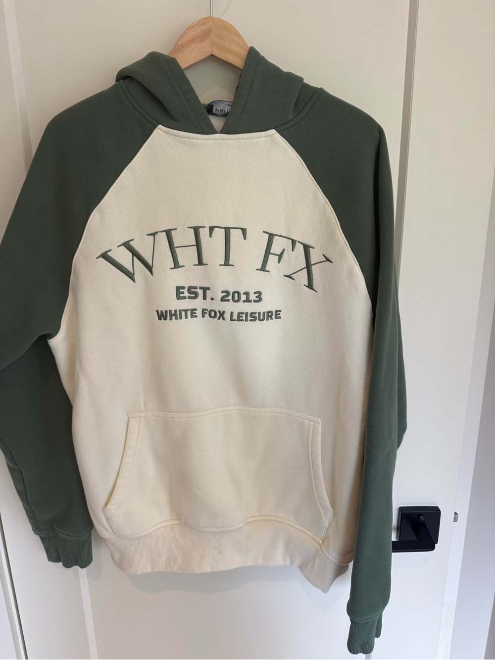White Fox Two-Tone Raglan Hoodie in Olive & Cream